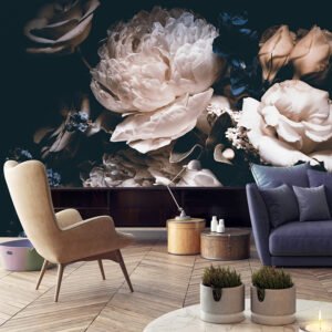 Flowers print wall sticker in off-white, dark blue and black colors