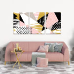 Abstract art painting set in pink , black and gold colors