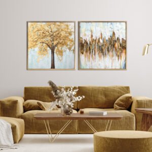 Abstract painting set a combination of golden and cyan colors