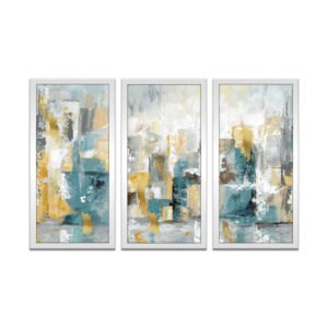 A set of abstract paintings, a mixture of turquoise, yellow and gray colors