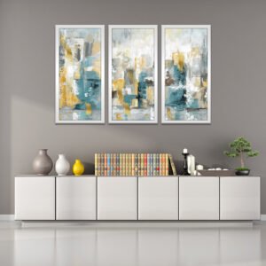 A set of abstract paintings, a mixture of turquoise, yellow and gray colors