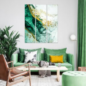 Abstract paintings set marble in gold and green colors