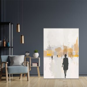 Abstract art painting in yellow with light gray