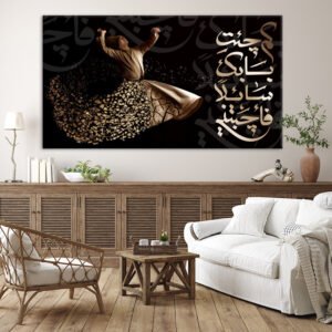 Painting of dervish spinning in white from above on black background