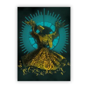 Dervish painting in black, yellow and turquoise