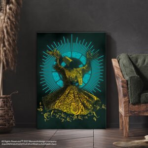 Dervish painting in black, yellow and turquoise