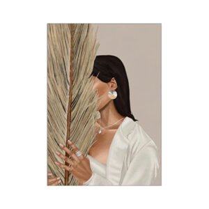 A painting of a woman's face covered with palm fronds