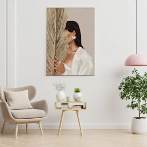 A painting of a woman's face covered with palm fronds