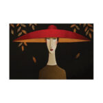 The girl in the hat painting in black and burgundy