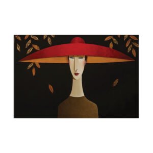 The girl in the hat painting in black and burgundy