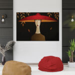 The girl in the hat painting in black and burgundy