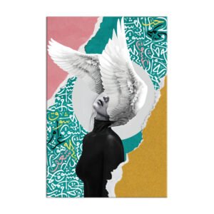 A girl's face wall painting with two wings of feathers and Arabic letters