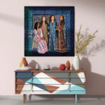A painting of girls in Palestinian clothes