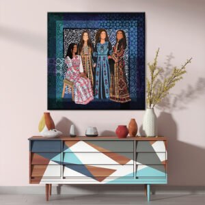 A painting of girls in Palestinian clothes
