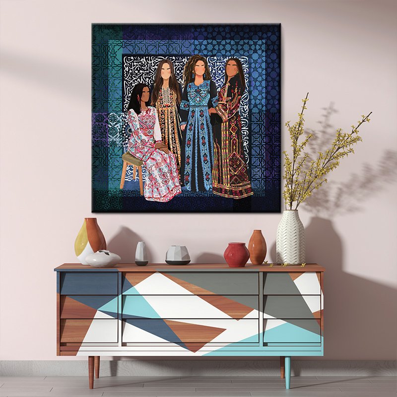 A painting of girls in Palestinian clothes A painting of girls in Palestinian clothes