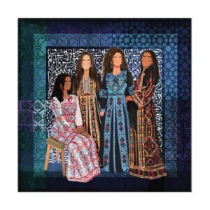 A painting of girls in Palestinian clothes
