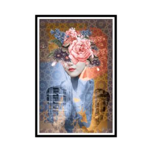 Painting of a girl with flowers covering her face with an abstract background
