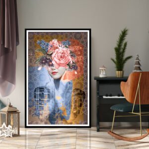 Painting of a girl with flowers covering her face with an abstract background