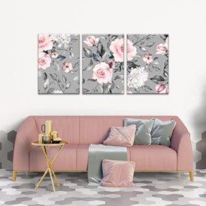 Paintings set of flowers with pink and gray colors