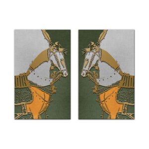 A set of horse paintings in green, gold and orange colors