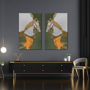 A set of horse paintings in green, gold and orange colors