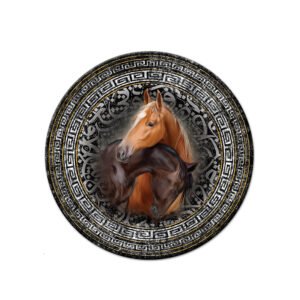 A circular horse painting with an Islamic background