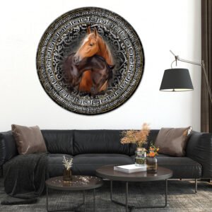 A circular horse painting with an Islamic background