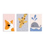 A set of fish, giraffe and cat paintings in different colors
