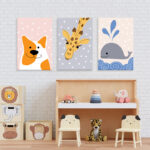 A set of fish, giraffe and cat paintings in different colors