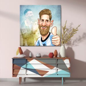 Painting of Lionel Messi, an Argentine professional footballer with cyan background