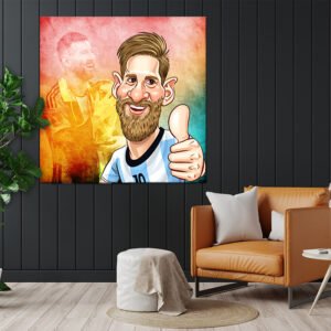Painting of Lionel Messi, an Argentine professional footballer with red and yellow background