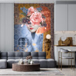 Wall sticker a girl with flowers covering her face with an abstract background