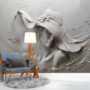 A wall sticker of a girl's face carved on the wall