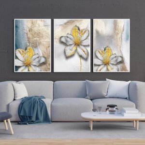 A set of 3 plantings of golden flowers with an abstract background - wanasah design