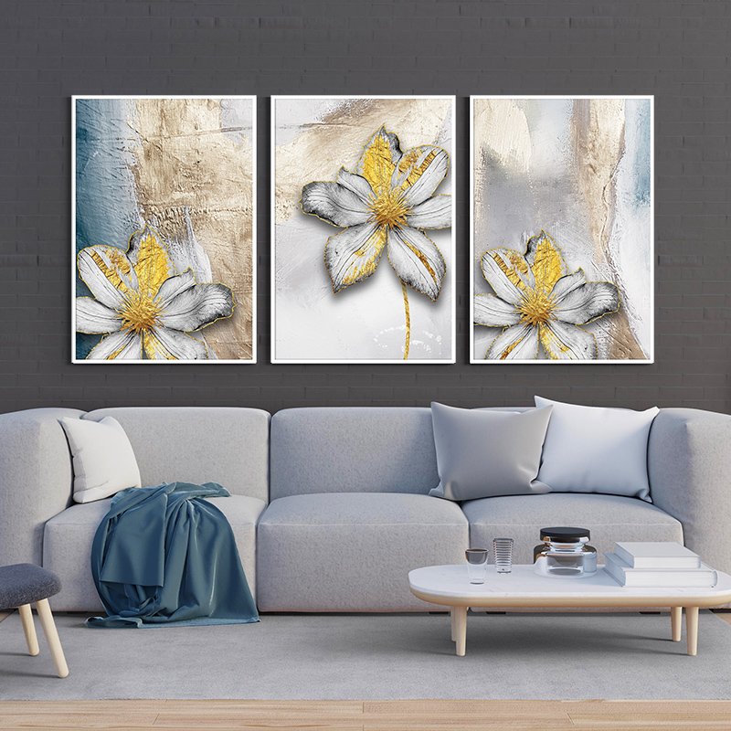A set of 3 plantings of golden flowers with an abstract background - wanasah design A set of 3 plantings of golden flowers with an abstract background - wanasah design