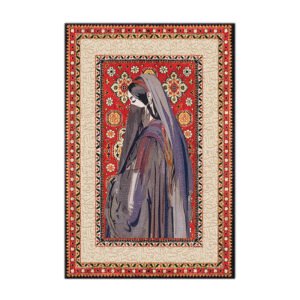 wanasah design - A painting of a woman in Arabic clothes with background of a Persian carpet