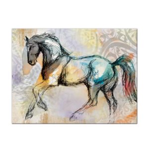 Arabian horse painting with an abstract background and Arabic calligraphy letters