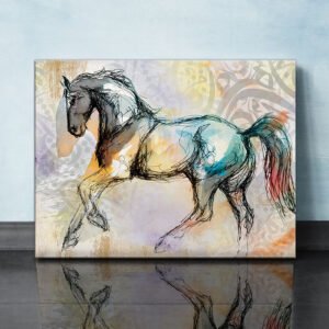 Arabian horse painting with an abstract background and Arabic calligraphy letters