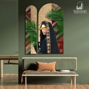 A set of curved paintings in the shape of an Arab girl with a carpet background - Wanasah Design
