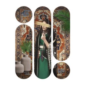 A set of paintings of a girl in Bedouin dress with a carpet background - wanasah design