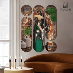 A set of paintings of a girl in Bedouin dress with a carpet background - wanasah design
