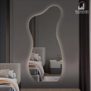 A wall mirror with an elegant frameless design and electrically operated LED lighting