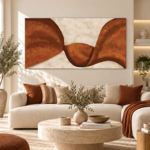 Terracotta Flow Wall Art displayed above a sofa in an elegant neutral-toned modern living room