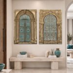 Turquoise Heritage Doors wall art set of two displayed on a modern hallway wall above a console table