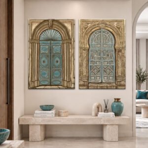 Turquoise Heritage Doors wall art set of two displayed on a modern hallway wall above a console table
