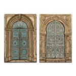Turquoise Heritage Doors wall art set of two featuring detailed architectural doors in beige, brown and aged turquoise tones