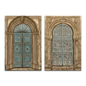 Turquoise Heritage Doors wall art set of two featuring detailed architectural doors in beige, brown and aged turquoise tones