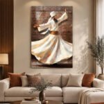 Dervish Wall Art displayed above a sofa in an elegant modern living room