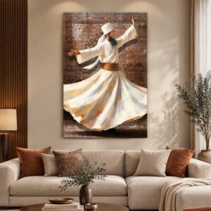 Dervish Wall Art displayed above a sofa in an elegant modern living room