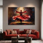 Red Attire Dervish Wall Art displayed above a red sofa in an elegant modern living room